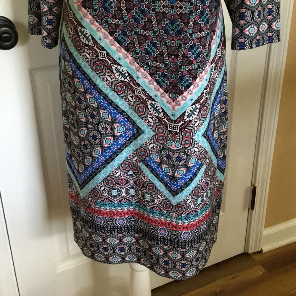 Office Chic Column Dress Size 14 Retro Abstract Print 3/4 Sleeve Dress Blue Pink - Picture 4 of 9